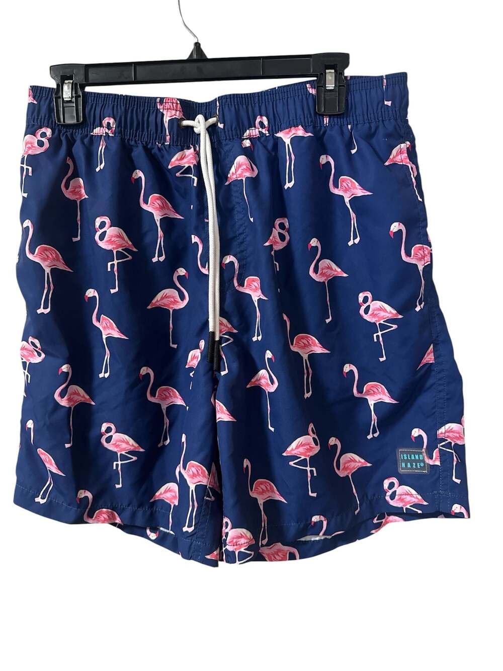 Island Haze Navy Blue Flamingo Pattern Swim Trunks